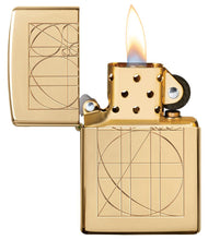 Golden Ratio Armor?« High Polish Brass Windproof Lighter with it lid open and lit