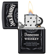 Jack Daniel's?« Texture Print Black Matte Windproof Lighter with its lid open and lit