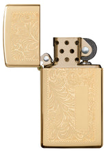 Slim High Polish Brass Venetian Windproof Lighter open and unlit.