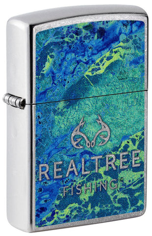 Front shot of Realtree?« Blue and Green Camo Street Chrome?äó Windproof Lighter standing at a 3/4 angle.