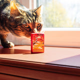 Lifestyle image of Kimono Design Red Matte Windproof Lighter standing on a window sill, with a cat behind the lighter