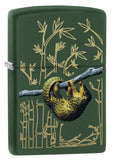 Front shot of Pangolin Design Green Matte Windproof Lighter standing at a 3/4 angle