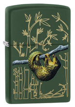 Front shot of Pangolin Design Green Matte Windproof Lighter standing at a 3/4 angle