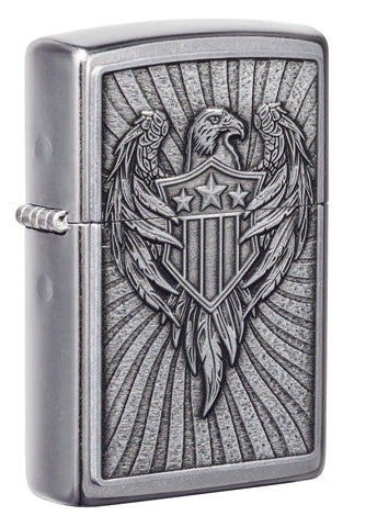 Front shot of Eagle Shield Emblem Design Street Chrome?äó Windproof Lighter standing at a 3/4 angle