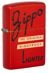 Front shot of Zippo Red Box Top Design Metallic Red Windproof Lighter standing at a 3/4 angle