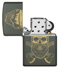 Outdoor Skull Design Green Matte Windproof Lighter with its lid open and unlit