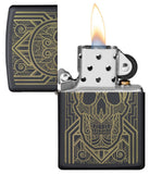 Art Deco Skull Black Matte Windproof Lighter with its lid open and lit