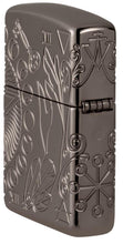 Wicca Design Armor® Black Ice® Windproof Lighter standing at an angle, showing the back and hinge side of the lighter.