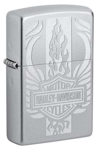 Front shot of Harley-Davidson?« Luster Etch Satin Chrome Windproof Lighter standing at a 3/4 angle.