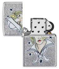 Sailor Girl Tattoo Design Street Chrome?äó Windproof Lighter with its lid open and unlit.