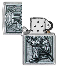 Firefighter Design Street Chrome?äó Windproof Lighter with its lid open and unlit.