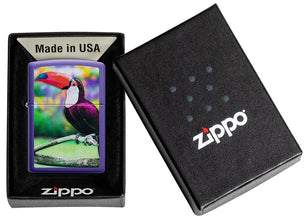 Toucan Design Purple Matte Windproof Lighter in its packaging