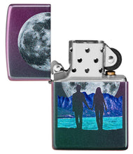 Moon Couple Design Iridescent Windproof Lighter with its lid open and unlit