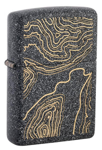 Front shot of Topo Map Design Iron Stone Windproof Lighter standing at a 3/4 angle