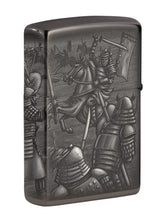 Knight Fight Design High Polish Black Windproof Lighter with its lid open and lit