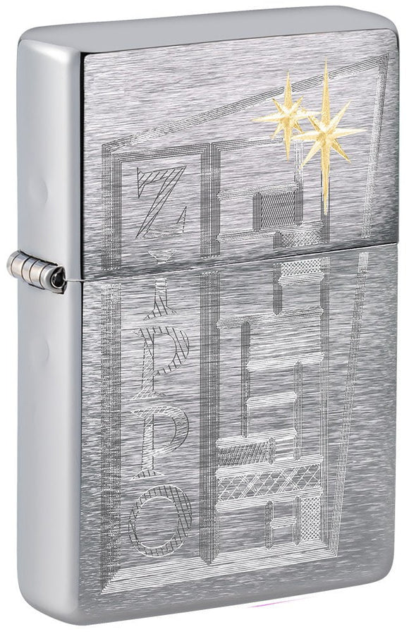 Front shot of Retro Zippo Design Vintage Brushed Chrome Windproof Lighter standing at a 3/4 angle.