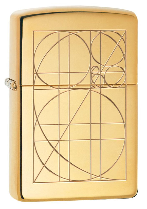 Front view of Golden Ratio Armor® High Polish Brass Windproof Lighter standing at a 3/4 angle