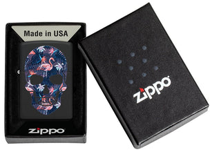 Flamingo Skull Design Black Matte Windproof Lighter in its packaging.