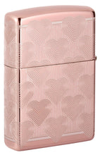 Back shot of Heart Design High Polish Rose Gold Windproof Lighter, standing at a 3/4 angle.