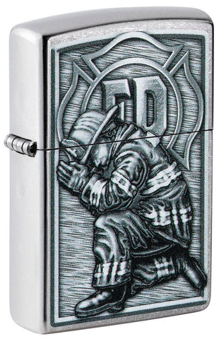 Front shot of Firefighter Design Street Chrome?äó Windproof Lighter standing at a 3/4 angle.