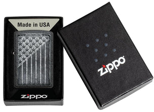 Stars and Stripes Design Iron Stone Windproof Lighter in its packaging.