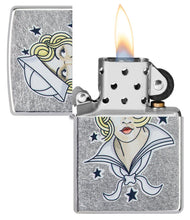 Sailor Girl Tattoo Design Street Chrome?äó Windproof Lighter with its lid open and lit.