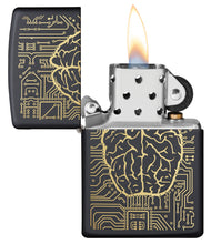 Artificial Intelligence Black Matte Windproof Lighter with its lid open and lit