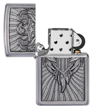 Eagle Shield Emblem Design Street Chrome?äó Windproof Lighter with its lid open and unlit