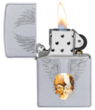 Front view of the Gold Skull Design Lighter with Skull Emblem open and lit