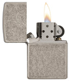 Armor®  Antique Silver Plate Windproof Lighter with lid open and lit