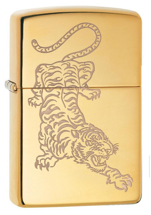 Zippo High Polish Brass Tiger Design Pocket Lighter