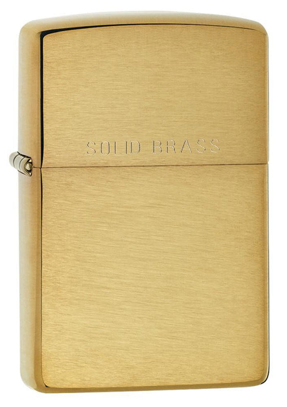 Front shot of Classic Brushed Solid Brass Windproof Lighter standing at a 3/4 angle