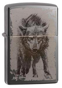 Front view of Wolf Design Black Ice Windproof Lighter standing at a 3/4 angle