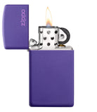 Slim Purple Matte Zippo Logo Windproof Lighter with its lid open and lit