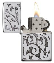 High Polish Chrome Filigree Windproof Lighter open and lit