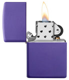 Purple Matte windproof lighter with the lid open and lit
