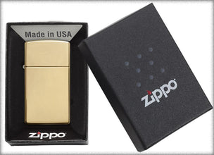 Slim?« High Polish Brass Finish Windproof Lighter in its packaging