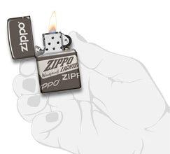 Front view of the Zippo Logo Design, in hand, open and lit