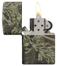 Front view of the Zippo Realtree Pattern Lighter open and lit