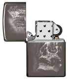 Skull Mountain Black Ice Windproof Lighter with its lid open and not lit