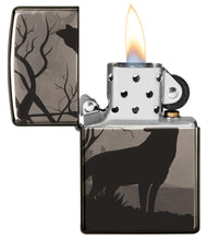 Wolves Design Photo Image 360?? Black Ice Windproof Lighter with its lid open and lit