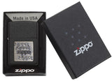 Front view of the Black Crackle Gold Zippo Logo Emblem Lighter in one box packaging