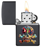 Skull Textured Black Matte windproof lighter with its lid open and lit