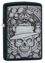 Gambling Skull Black Matte windproof lighter facing forward at a 3/4 angle