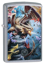 Anne Stokes Dragon Design Street Chrome windproof lighter facing forward at a 3/4 angle