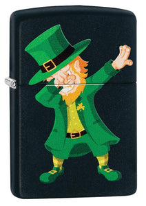 Dabbing Leprechaun Black Matte Windproof Lighter facing forward at a 3/4 angle