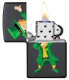 Dabbing Leprechaun Black Matte Windproof Lighter with its lid open and lit