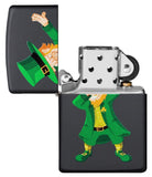 Dabbing Leprechaun Black Matte Windproof Lighter with its lid open and not lit