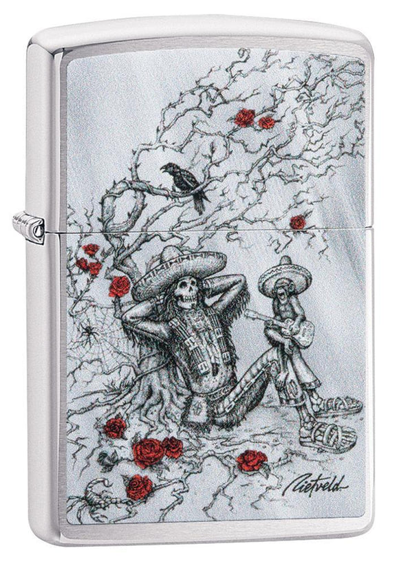 Rietveld Skeleton design Brushed Chrome windproof lighter facing forward at a 3/4 angle