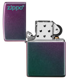 Iridescent Zippo Logo windproof lighter with the lid open and not lit